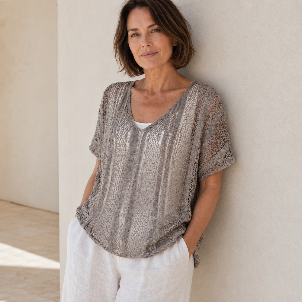 Eileen Fisher Top Open Knit Metallic Linen Blend Minimalist Taupe Large